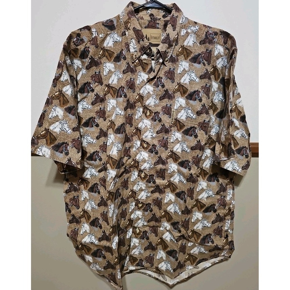 Outdoor Life Horse Print Button Up Shirt Short Sleeve Mens Size XL Country